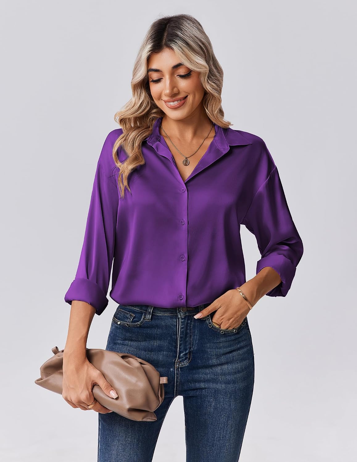 Detalle 2 de Zeagoo Long-Sleeve Satin Button-Down Blouse for Women