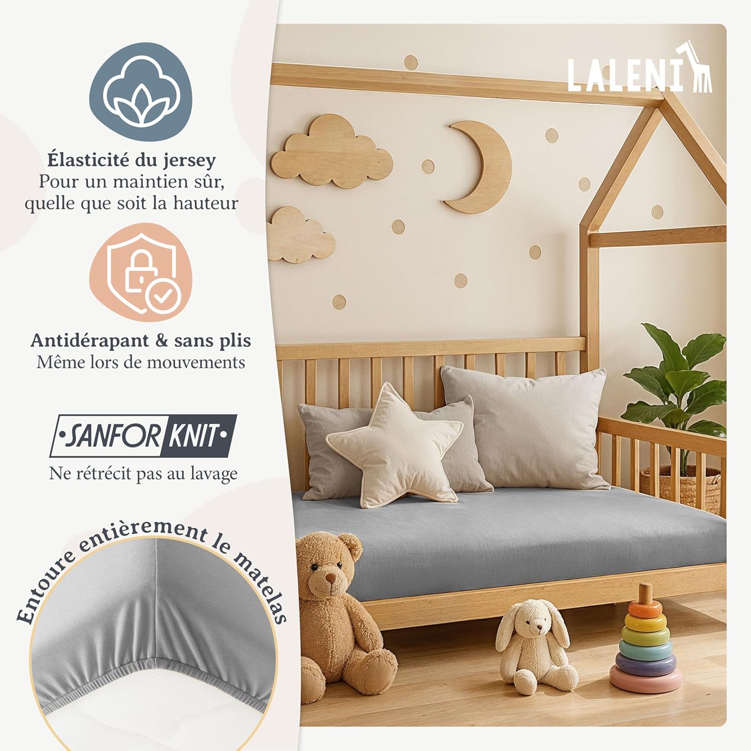 Thumbnail 3 de Laleni Basic Drap Housse Bébé 50x89 cm en jersey 100% coton certifié Oeko-TEX – Gris Moonlight (lot de 1)