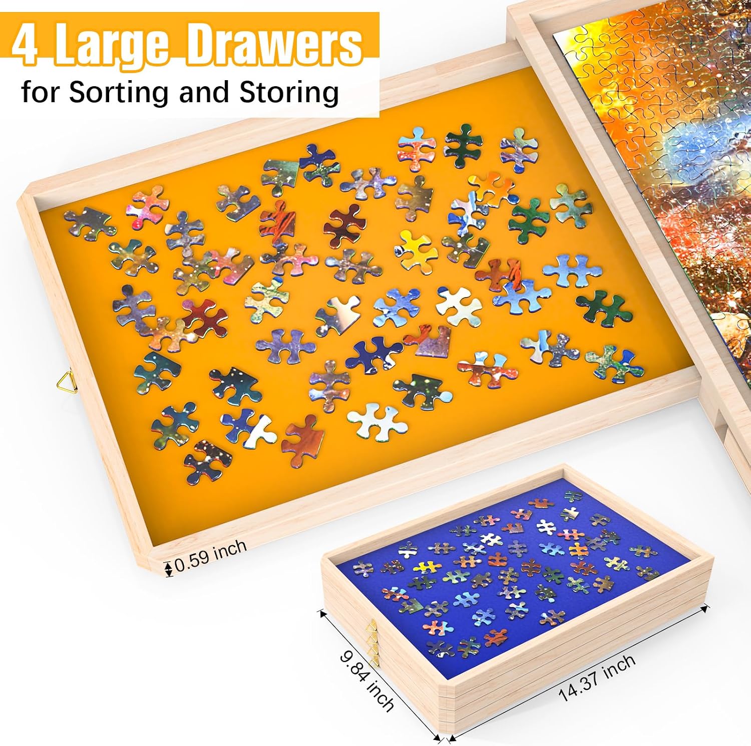 Thumbnail 2 de 1000 Piece Puzzle Board with Drawers Rotatable 360-Degree Wheels and Cover — 30" x 22" Wooden Puzzle Table Storage Organizer
