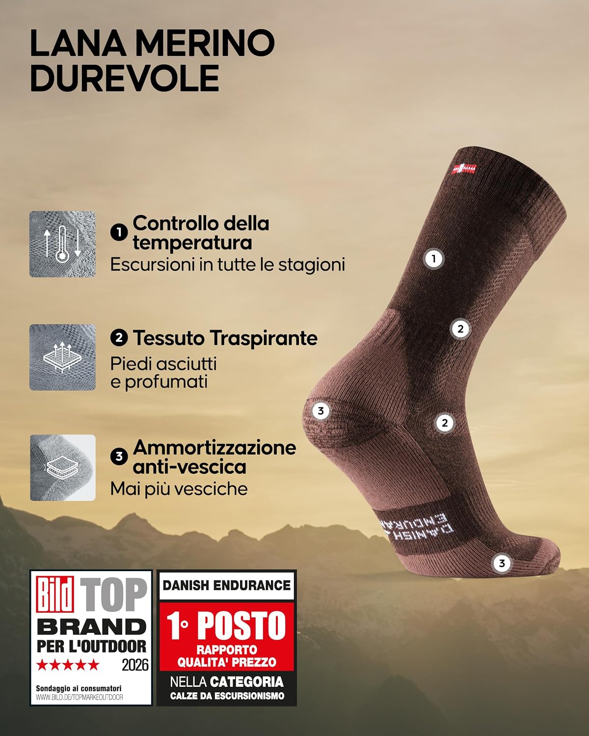 Detalle de Danish Endurance calze trekking in lana merino anti-vescica per uomo, donna e bambino