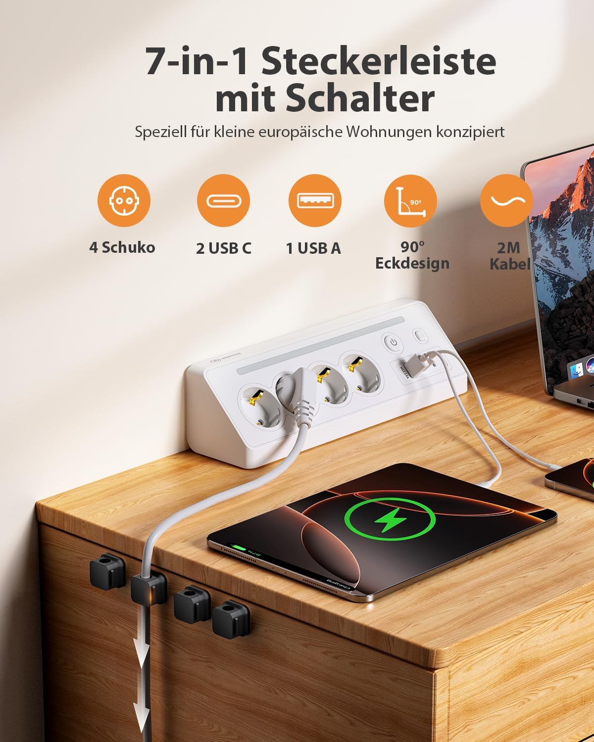 Detalle de Honizer 7-in-1 Desktop Steckdosenleiste mit 90° Ecksteckdose, 2 Schaltern, 4× Schuko & USB-A/2× USB-C