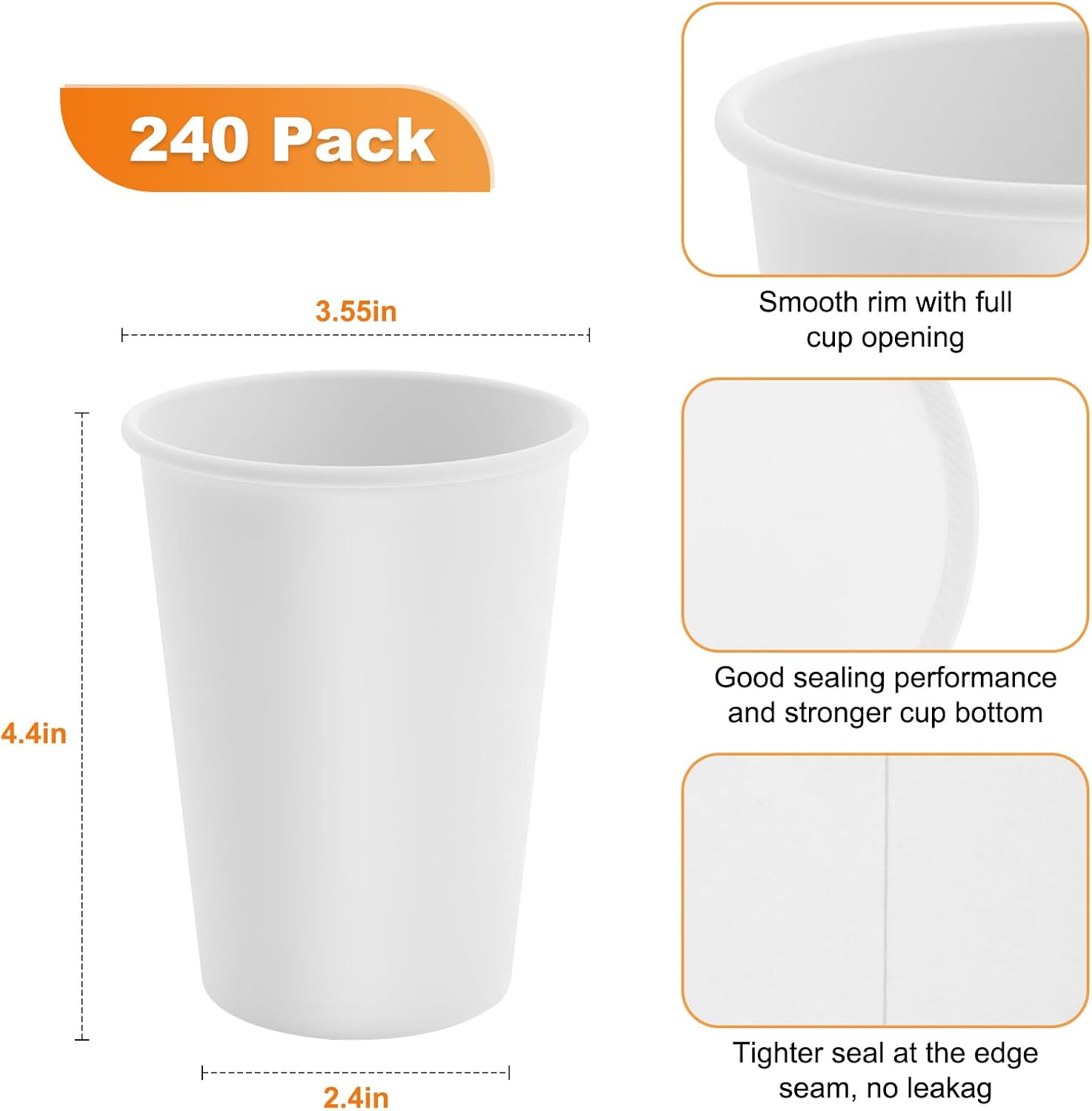 Detalle 2 de WUHUIXOZ 240 pcs Disposable Paper Cups, 12 oz, White, Recyclable