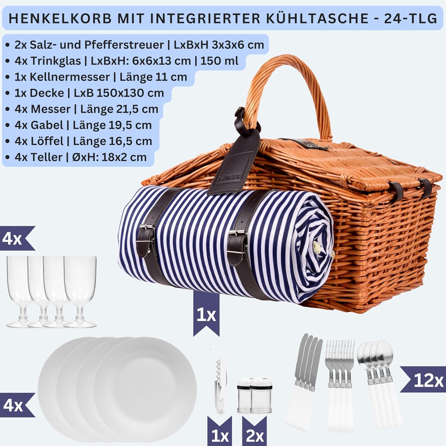 Thumbnail 1 de Sänger Picknickkorb Sylt – 24-teiliges Komplettset für 4 Personen inklusive Decke