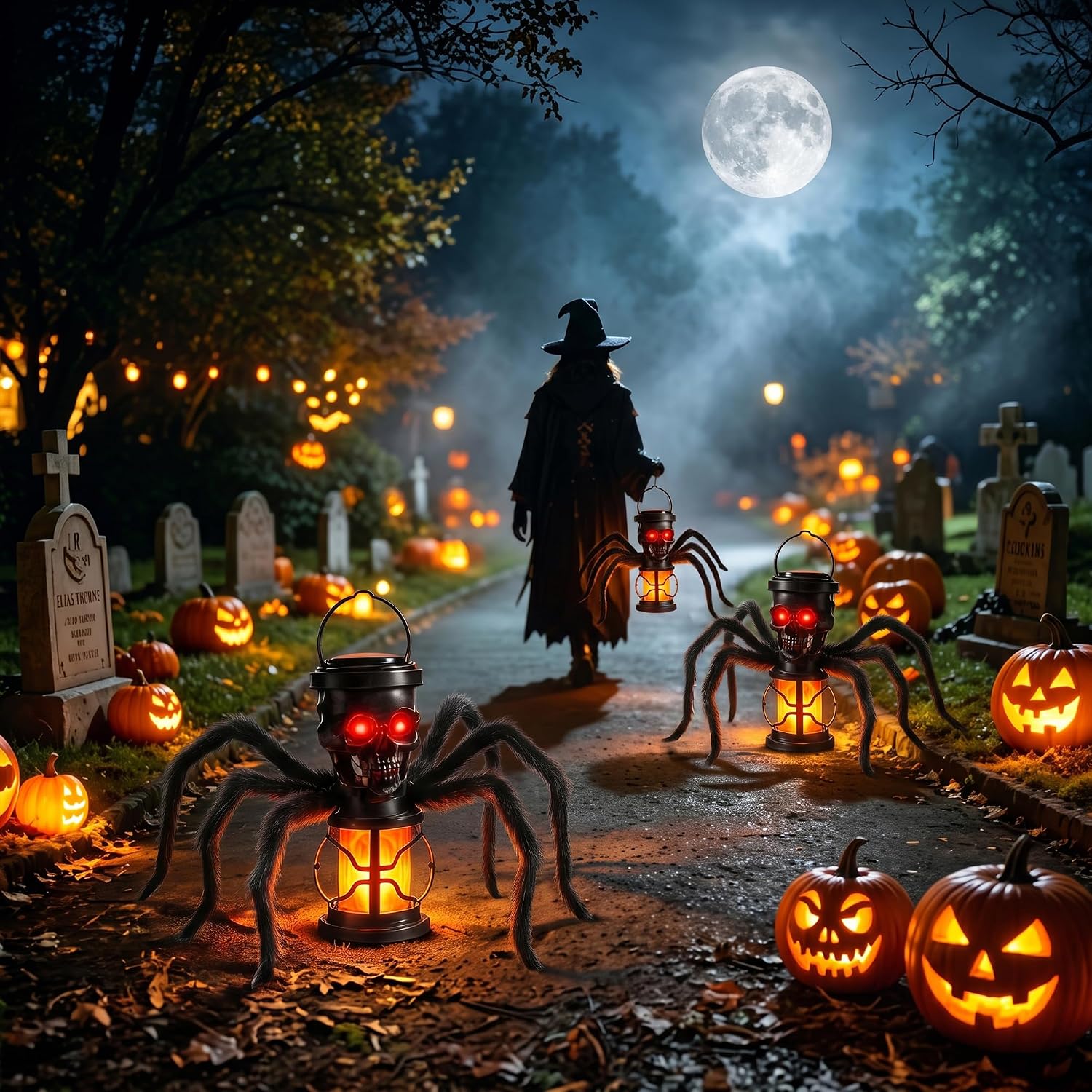 Detalle 1 de Jnaurb 2-Pack Solar Halloween Skull Lights with Flickering Flame and Spider Legs