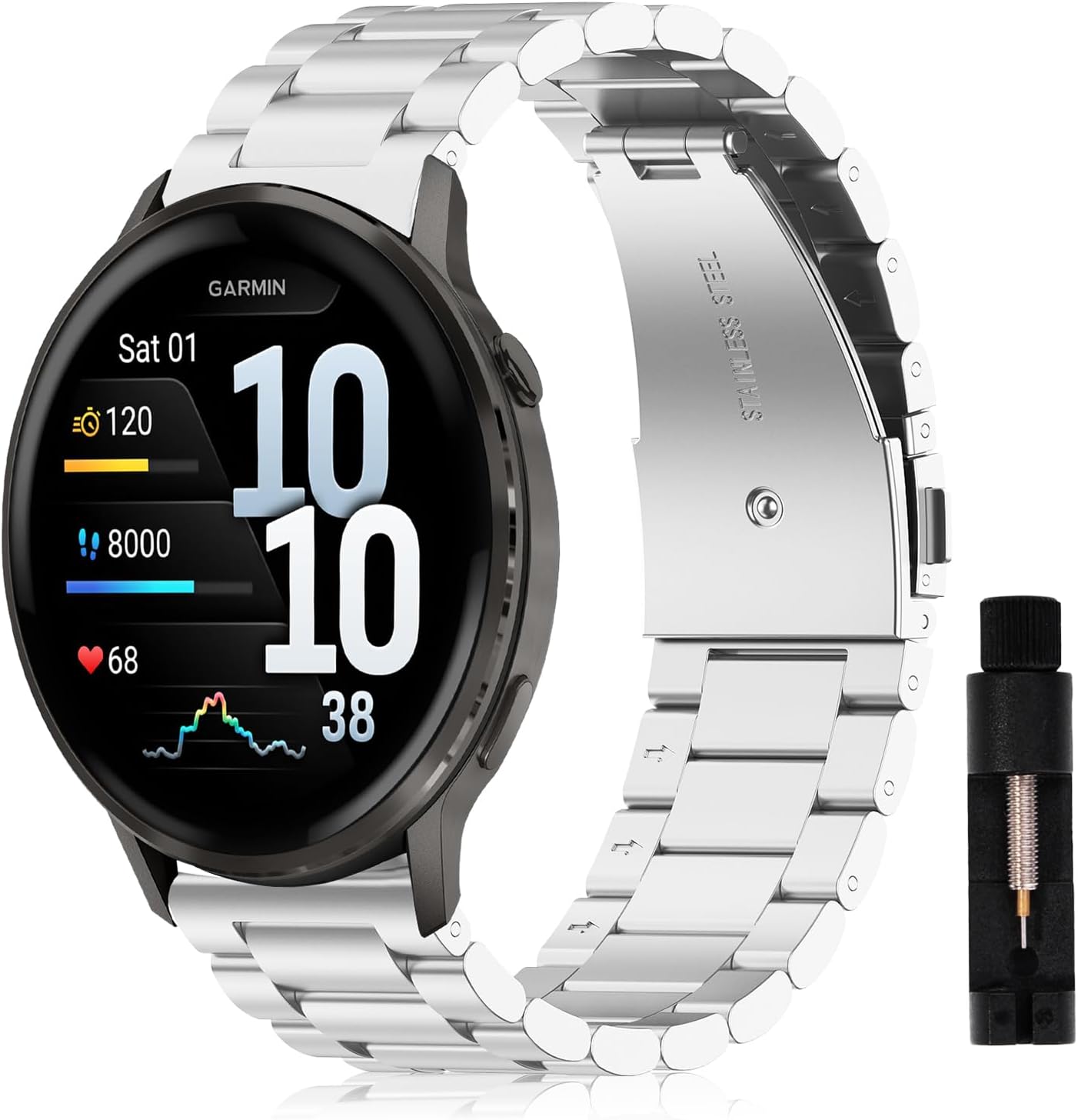 Detalle de SumRioo 22mm Stainless Steel Strap for Garmin Venu 4/3/2 & Forerunner 265/255 (Silver)