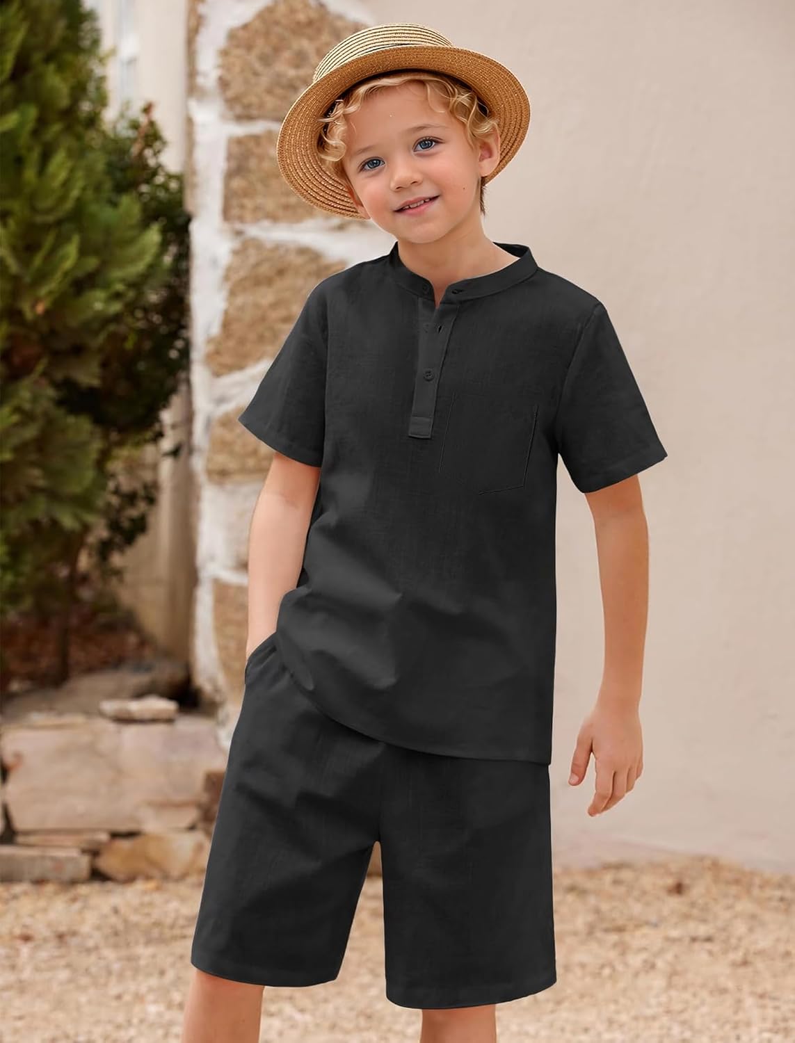 Detalle 2 de JiAmy Boys Clothing 2 Piece Set: Henley Top and Shorts Kit for 5–14 Years