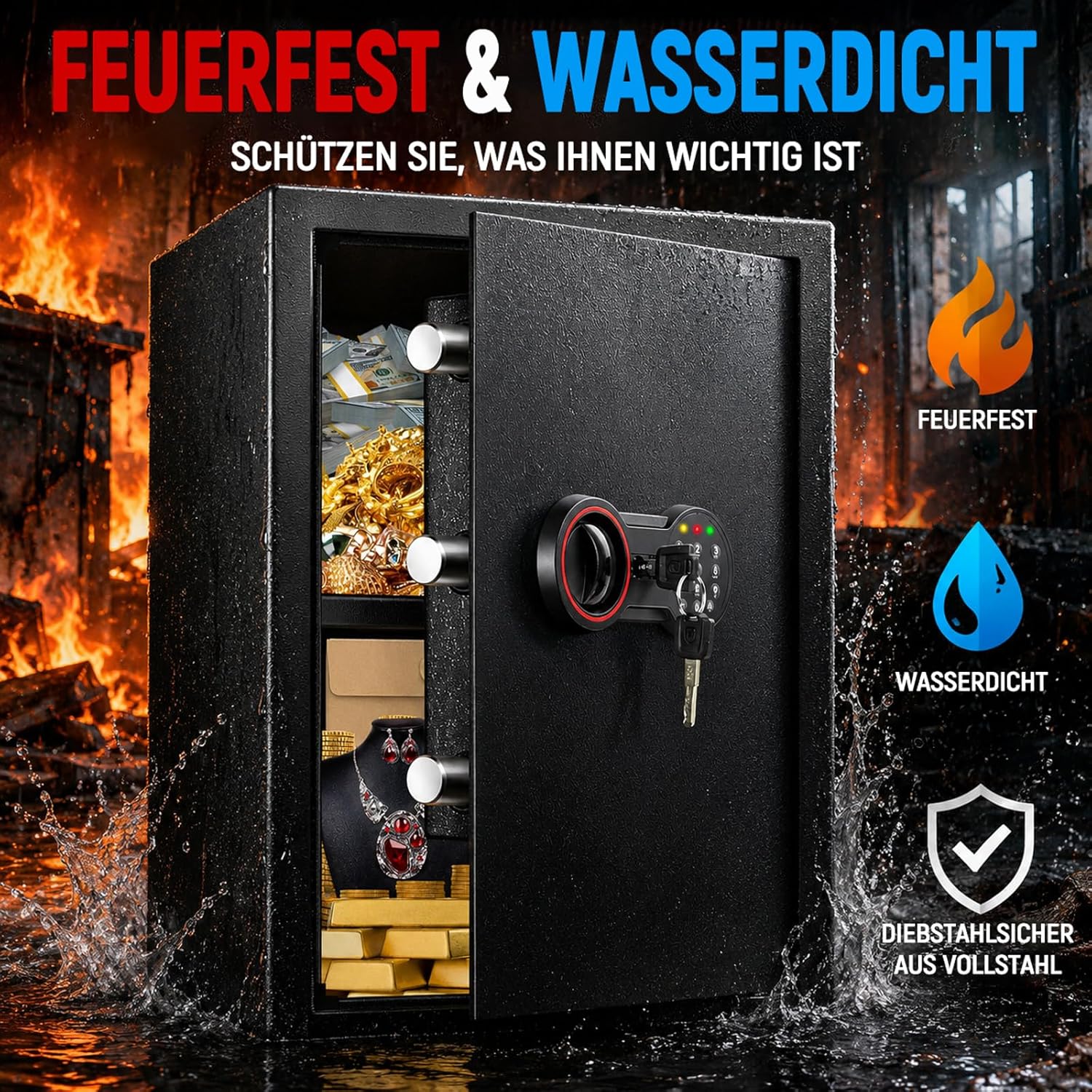 Detalle de 70L Großer Safe Tresor: Digitales Tresor mit Schlüssel, Alarm, Abnehmbarem Regal und Wand-/Schrankverankerung