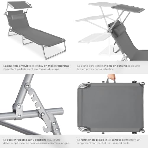Detalle de tectake Lot de 2 chaises longues pliables 190x68x111 cm – réglables 4 positions, pare-soleil et appui-tête (gris)