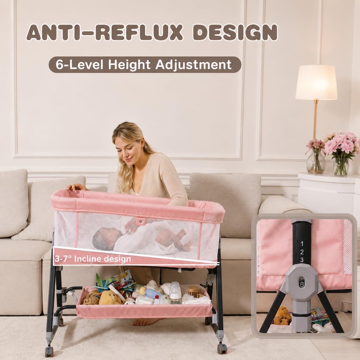 Thumbnail 4 de feelogos BB-858 Bedside Bassinet with Adjustable Height, Mesh Sides & Wheels