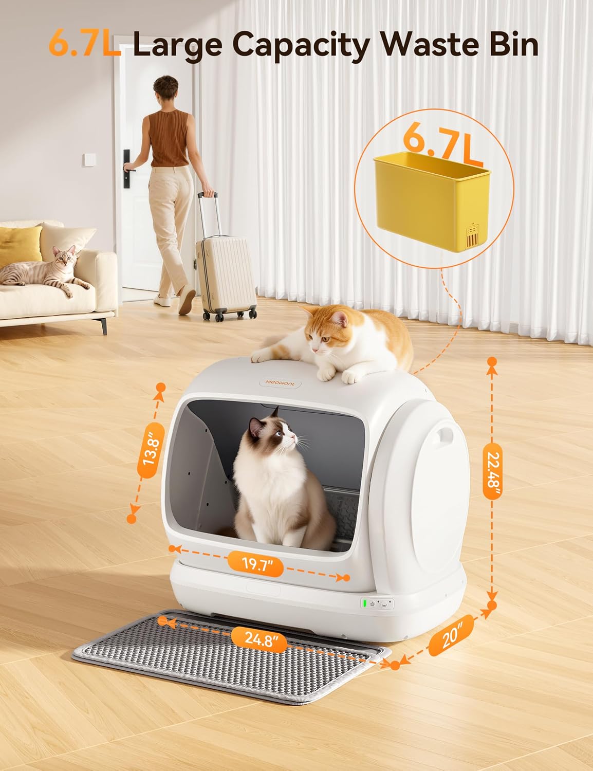 Detalle 1 de Meowant MW-SC09 Self-Cleaning Cat Litter Box, 106L, Low Entry, App Control