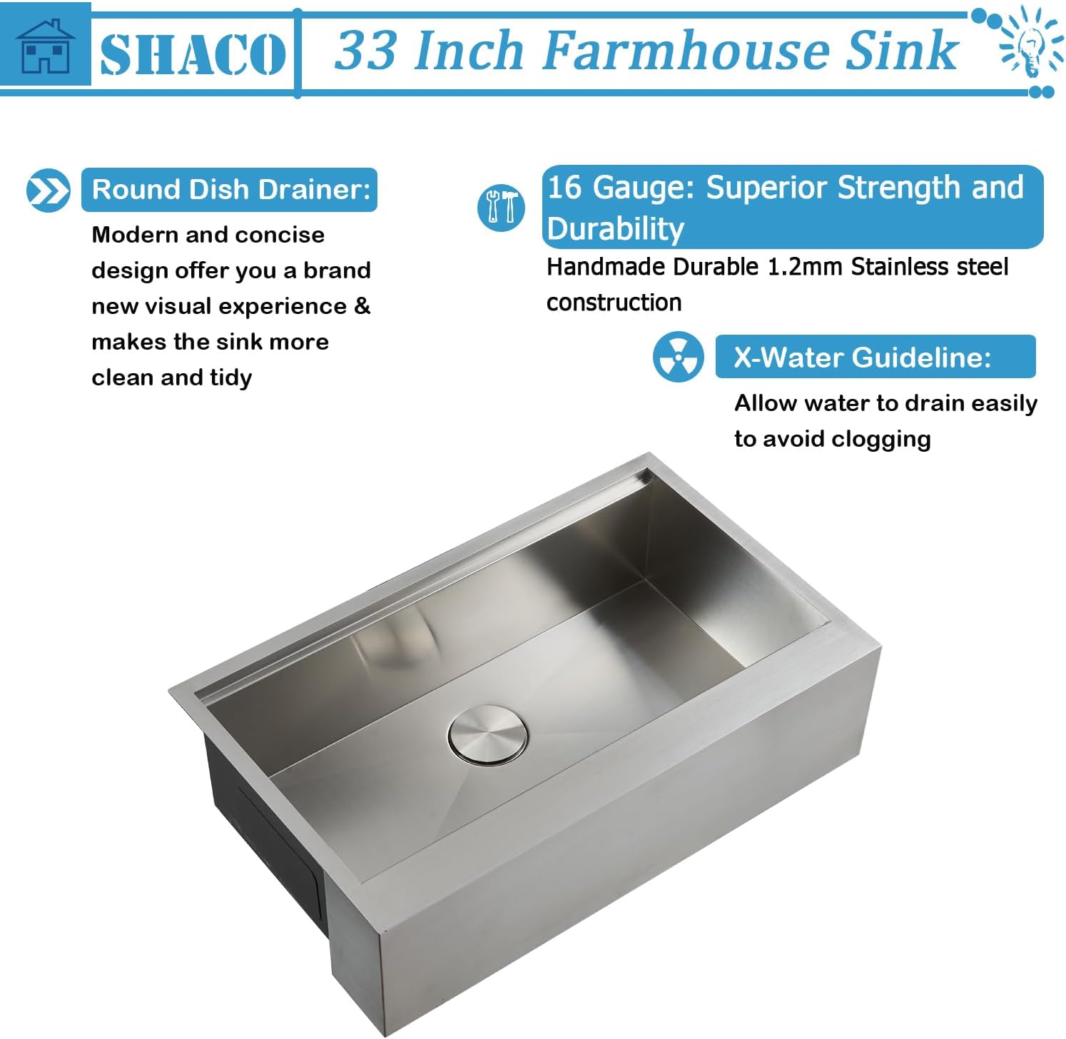 Detalle de SHACO 33" Stainless Steel Farmhouse Sink 🪣