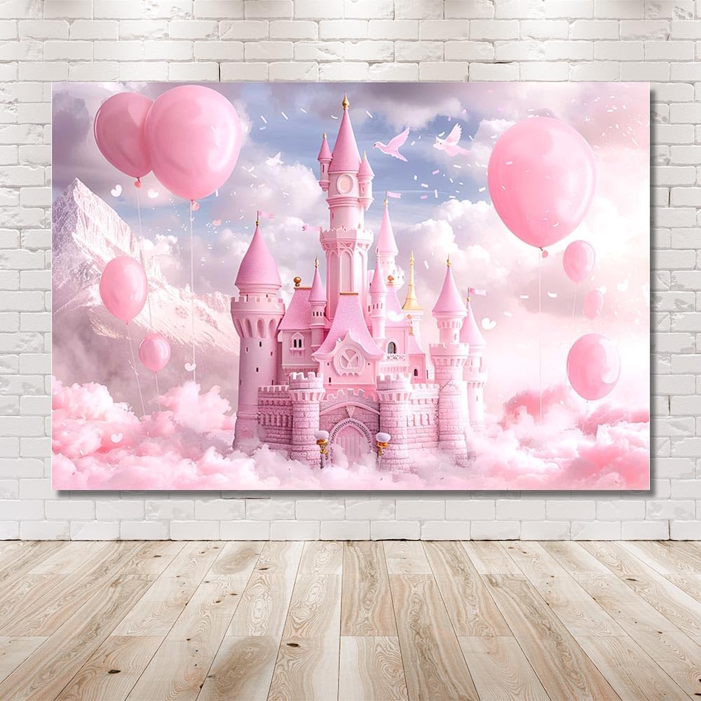 Thumbnail 1 de MEHOFOND 7x5ft Girls Birthday Photo Background (Pink Balloons & Castle)