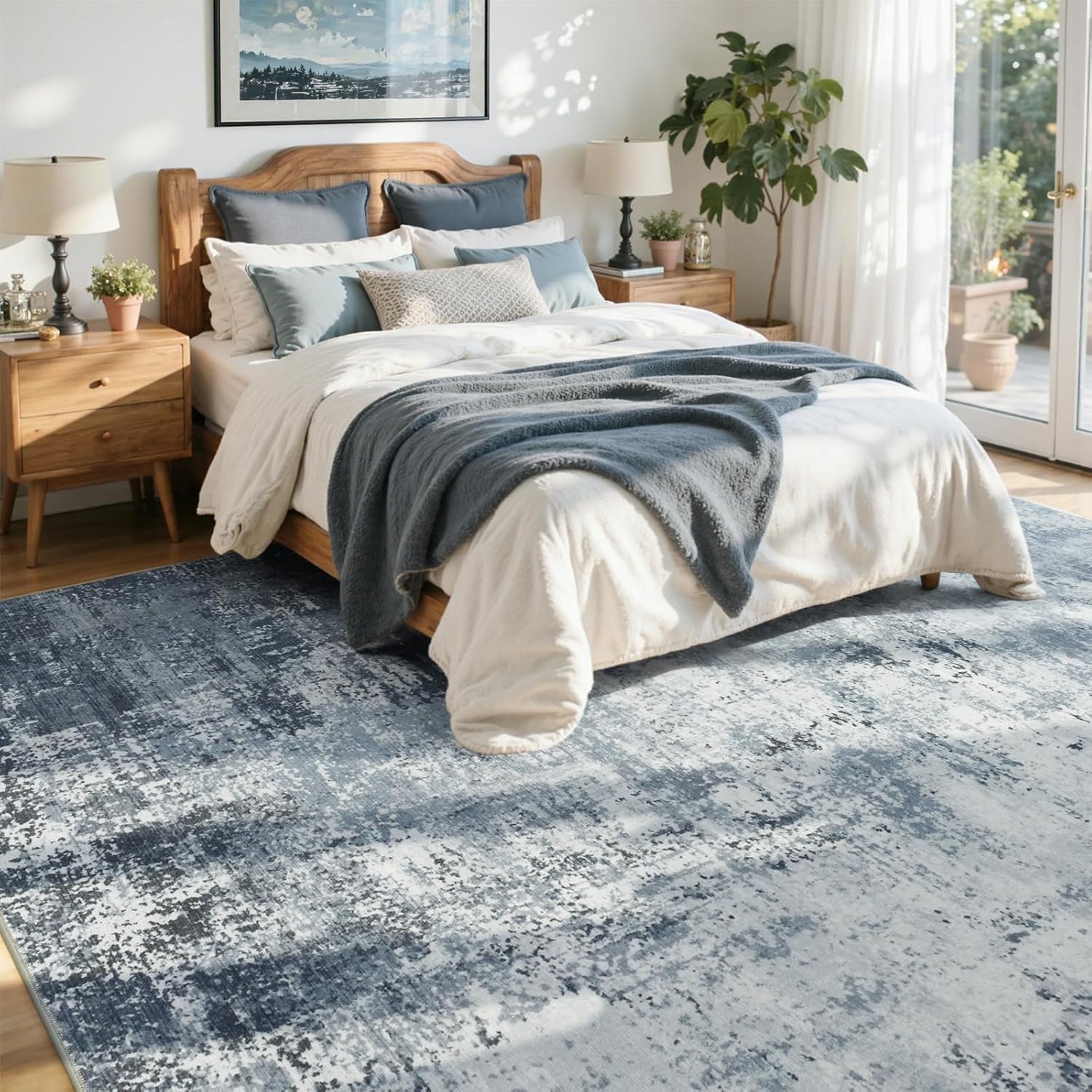 Detalle de 6x9 Ft Blue Abstract Area Rug — Non-Slip, Washable, Soft Low-Pile for Living Room