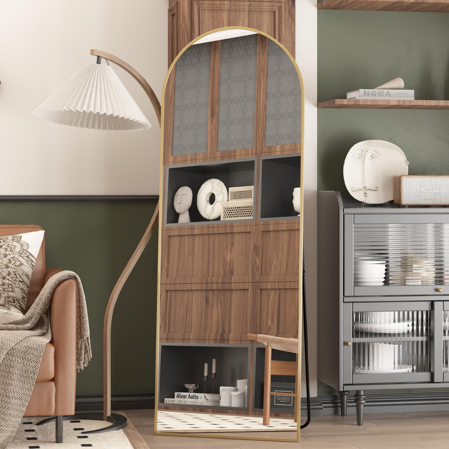 Detalle de Elemango Full length Floor Mirror, vloerspiegel met boog, aluminium frame, goud