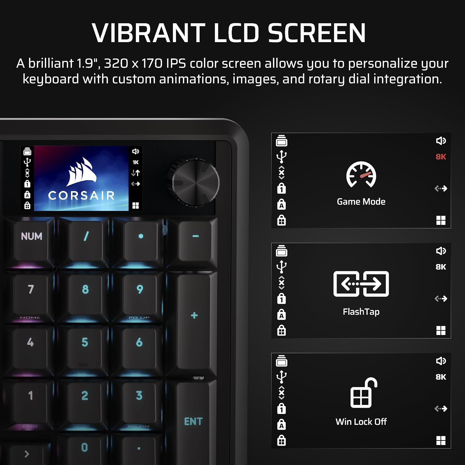 Thumbnail 5 de Corsair Vanguard 96 Wired Mechanical Gaming Keyboard (96% Layout, MLX Fusion Tactile, LCD Display, 8000Hz) – Black