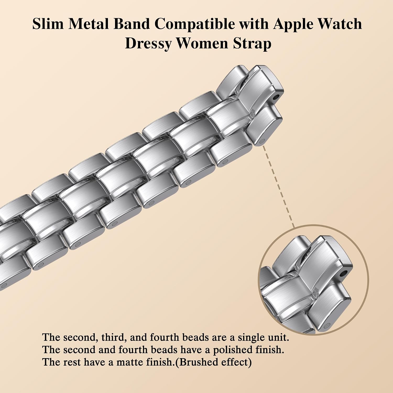 Detalle de BAITEYOU Slim 316 Stainless Steel Apple Watch Band, Silver Link Strap