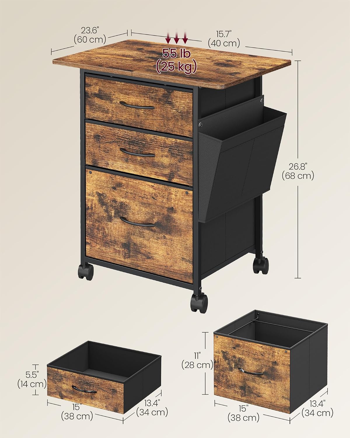 Detalle de VASAGLE Rolling File Cabinet, 3 Drawers
