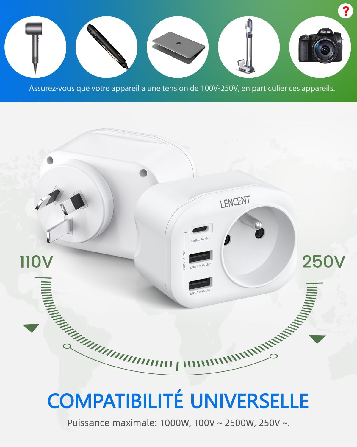 Thumbnail 4 de LENCENT Adaptateur Prise AU 2500W