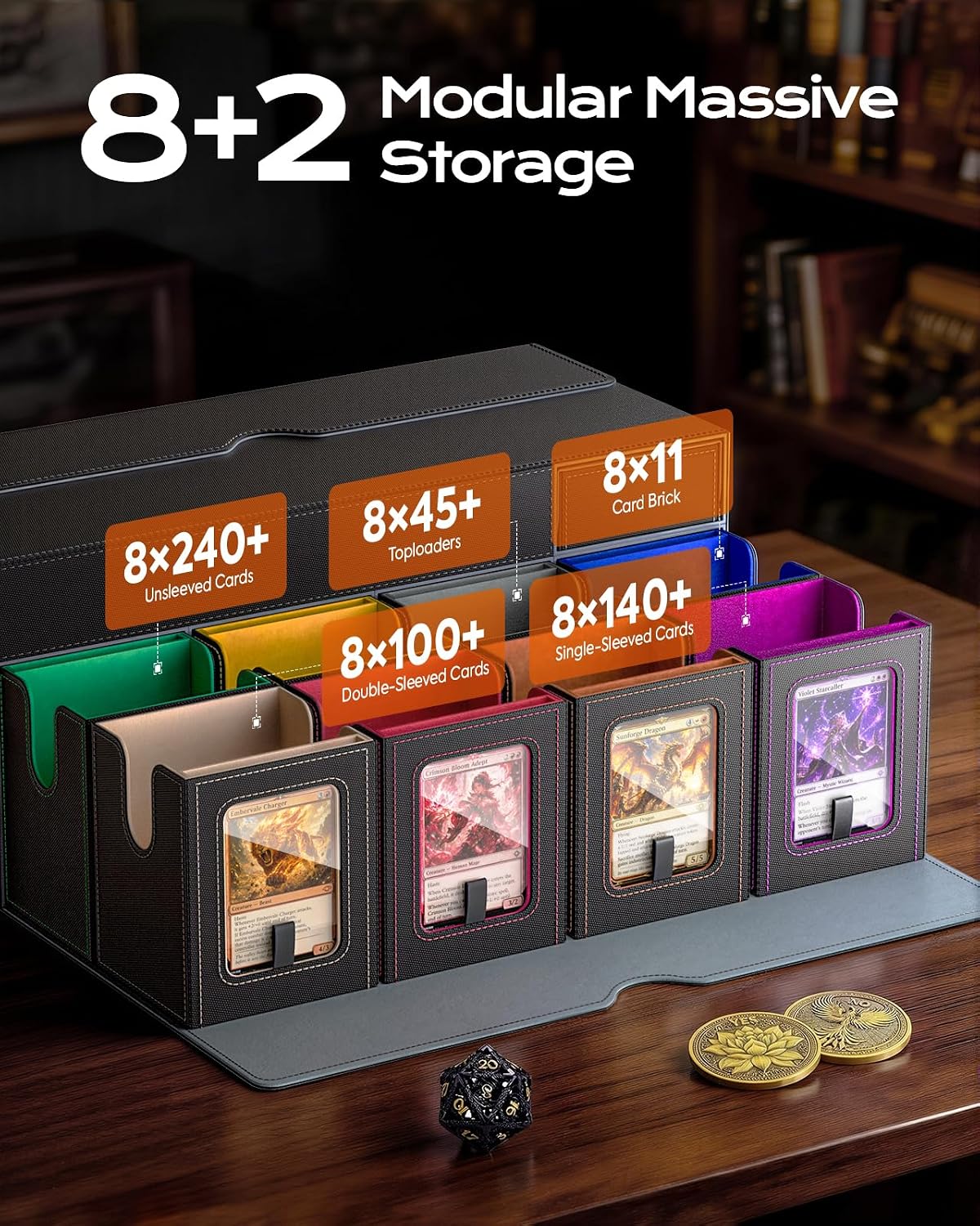 Detalle de MoKo Commander Deck Box for MTG: 8-Deck Modular Card Case with Playmat Storage & Dice Tray