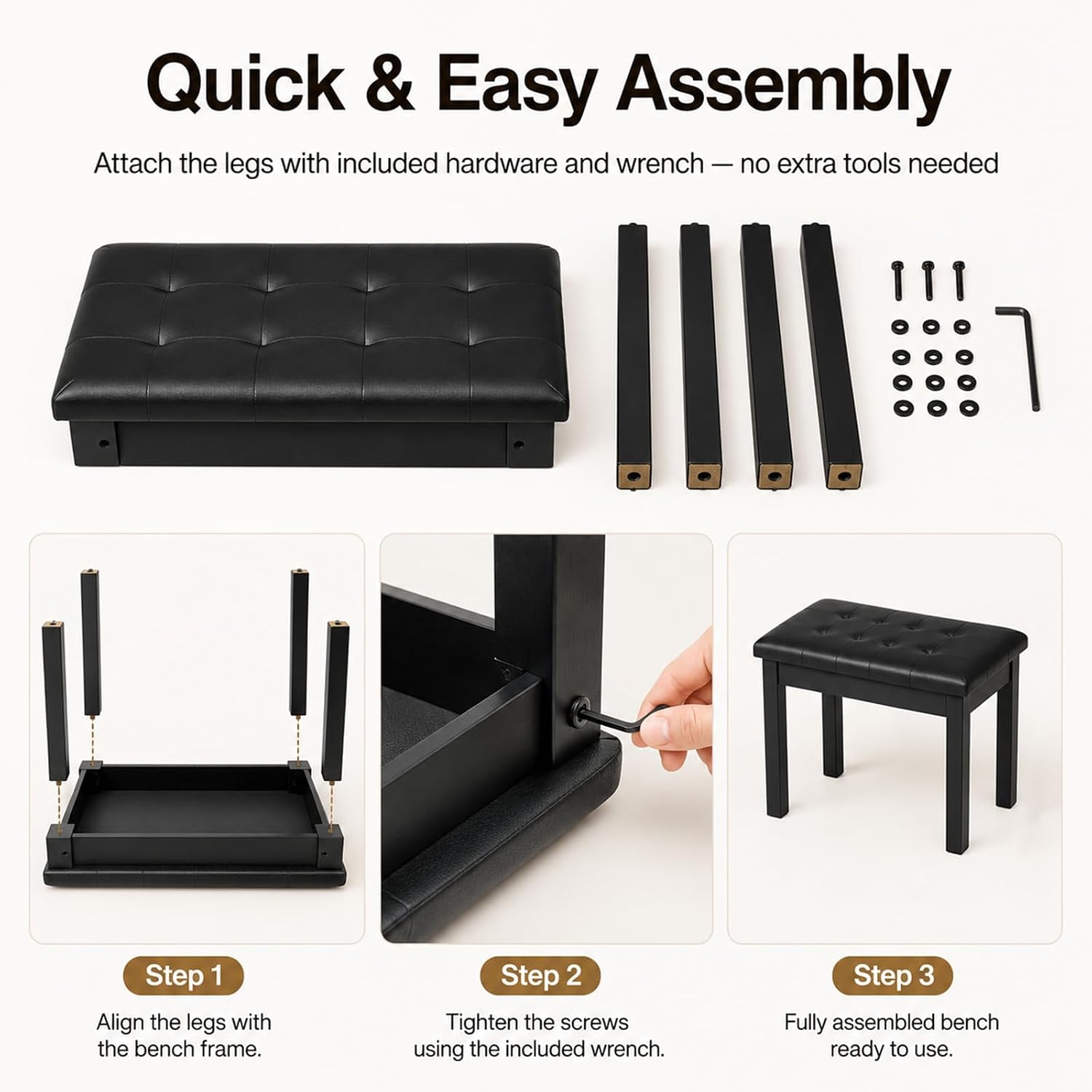 Detalle 1 de AODSK GQY-BLK-SBN1 Wooden Duet Piano Bench, Black, Padded Seat and Storage
