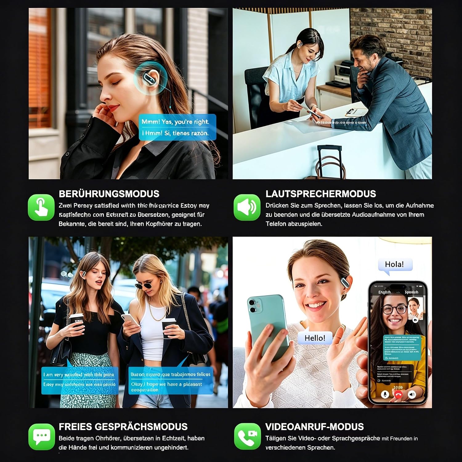 Detalle 2 de KI Übersetzer Kopfhörer Bluetooth 6.1 4-in-1: Echtzeitübersetzung, Musik & Kommunikation