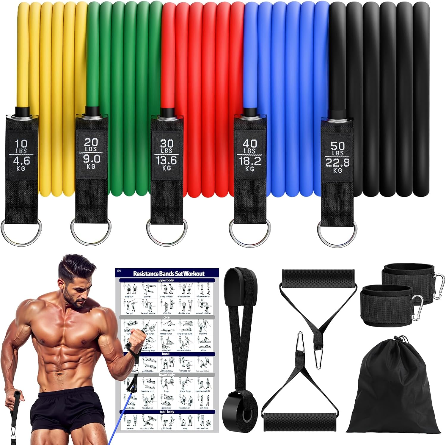 Detalle de Fokky Kit Elastique Musculation – 5 Niveaux avec Ancrage et Accessoires