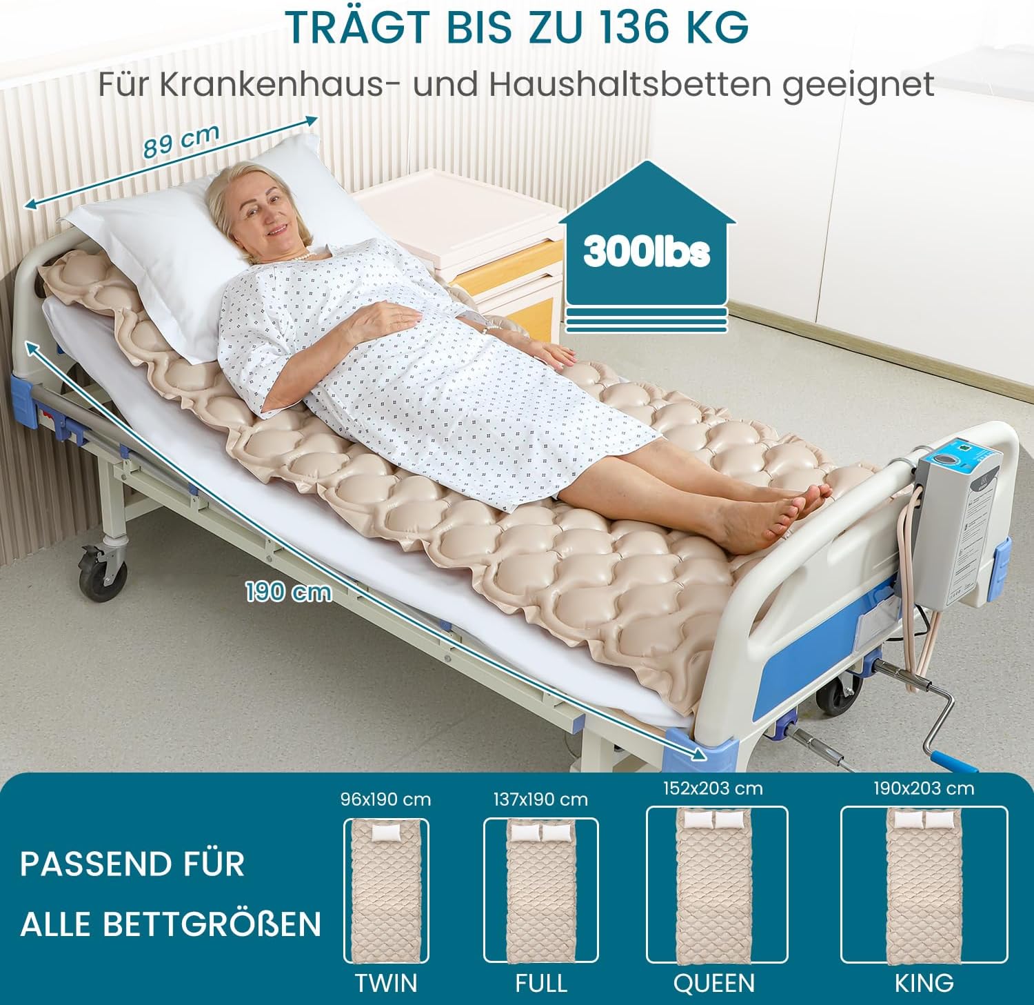 Thumbnail 6 de KEKOY Antidekubitus-Wechseldruckmatratze mit flüsterleiser Pumpe, wasserdicht – 190 x 91 cm