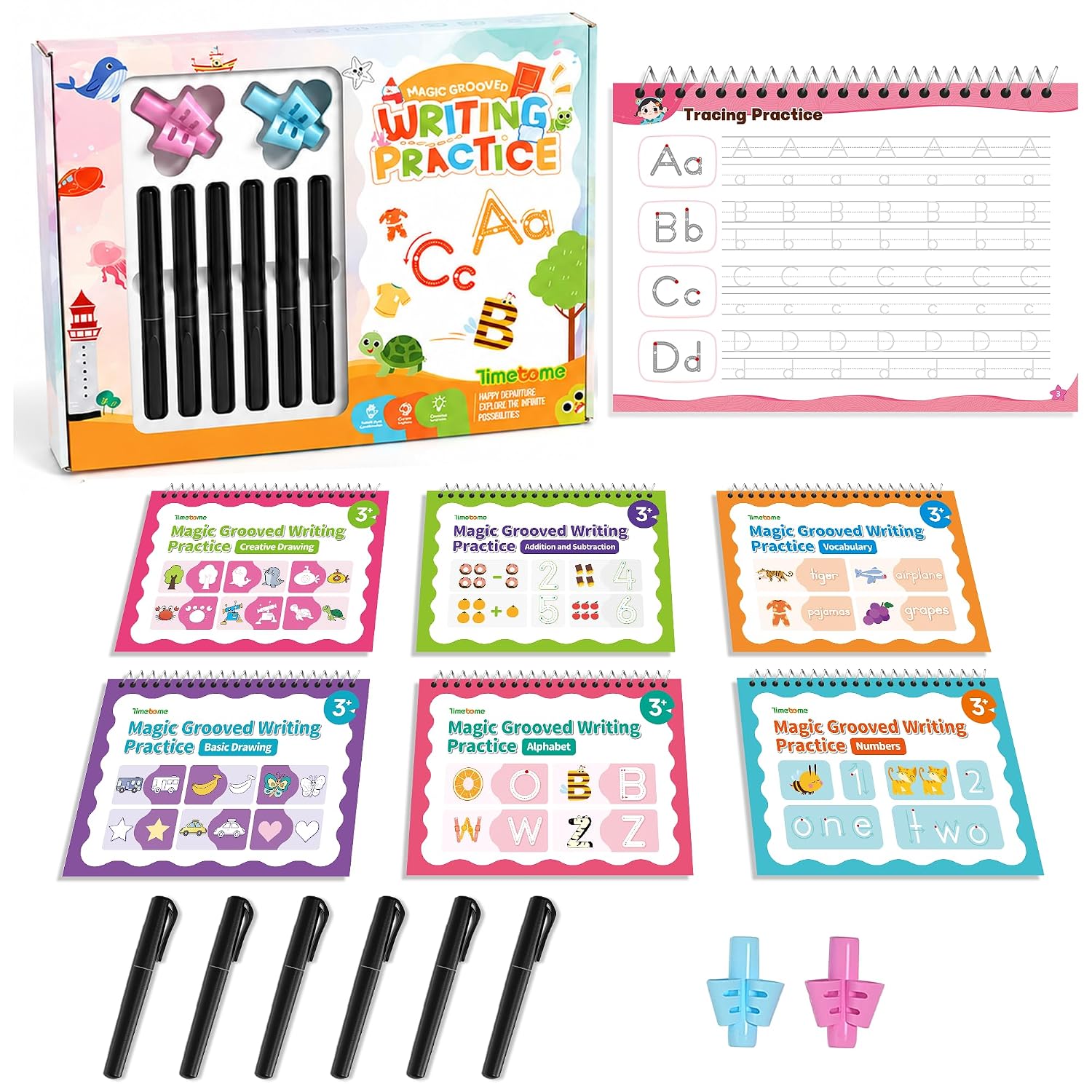 Timetome Magic Grooved Writing Practice for Kids, 6 Reusable Books, Ages 3–8