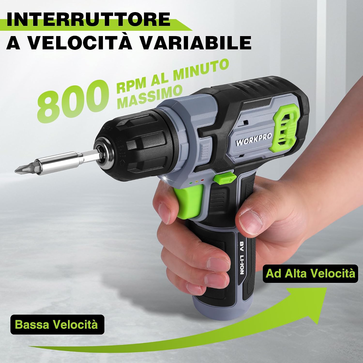 Detalle de WORKPRO Trapano Avvitatore a Batteria 8V Verde Grigio con Mandrino da 10 mm e Accessori (53 pezzi)