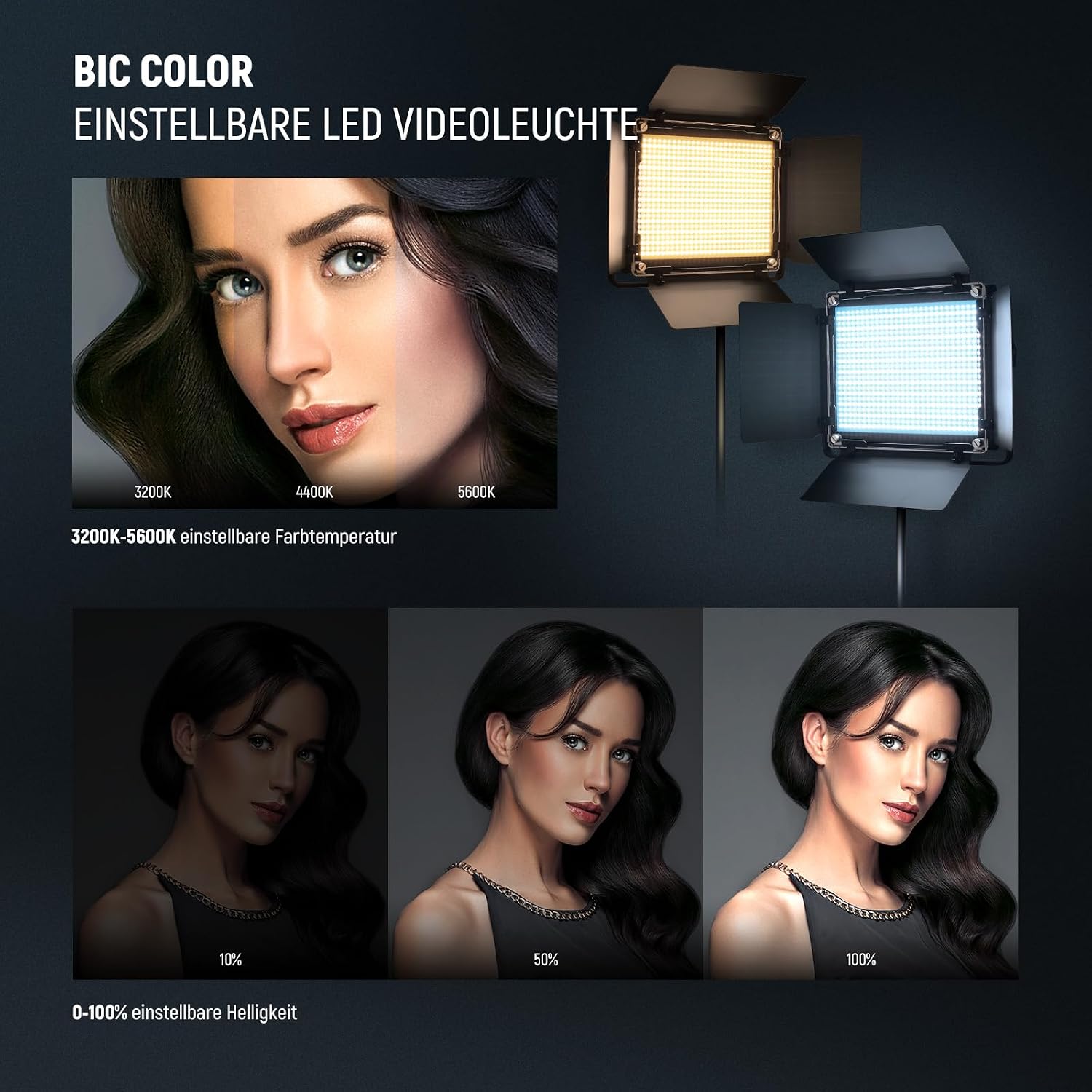 Detalle de NEEWER NL660 Bicolor LED Videolicht mit Stativ, 660 LEDs, 3200K–5600K, CRI96+ (dimmbar) & Barndoors