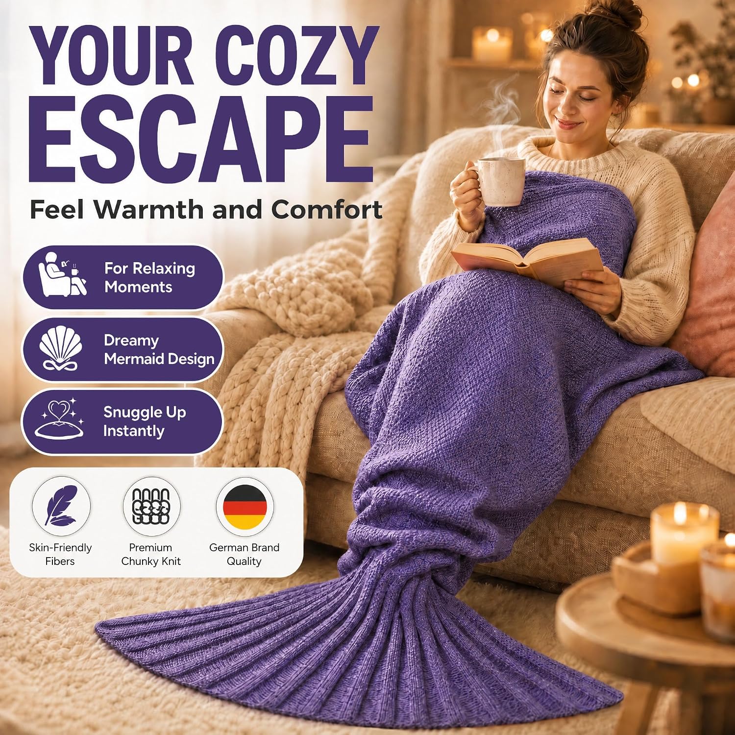 Detalle 2 de Feluna Mermaid Tail Blanket, knitted acrylic blanket, 180 x 85 cm, violet purple