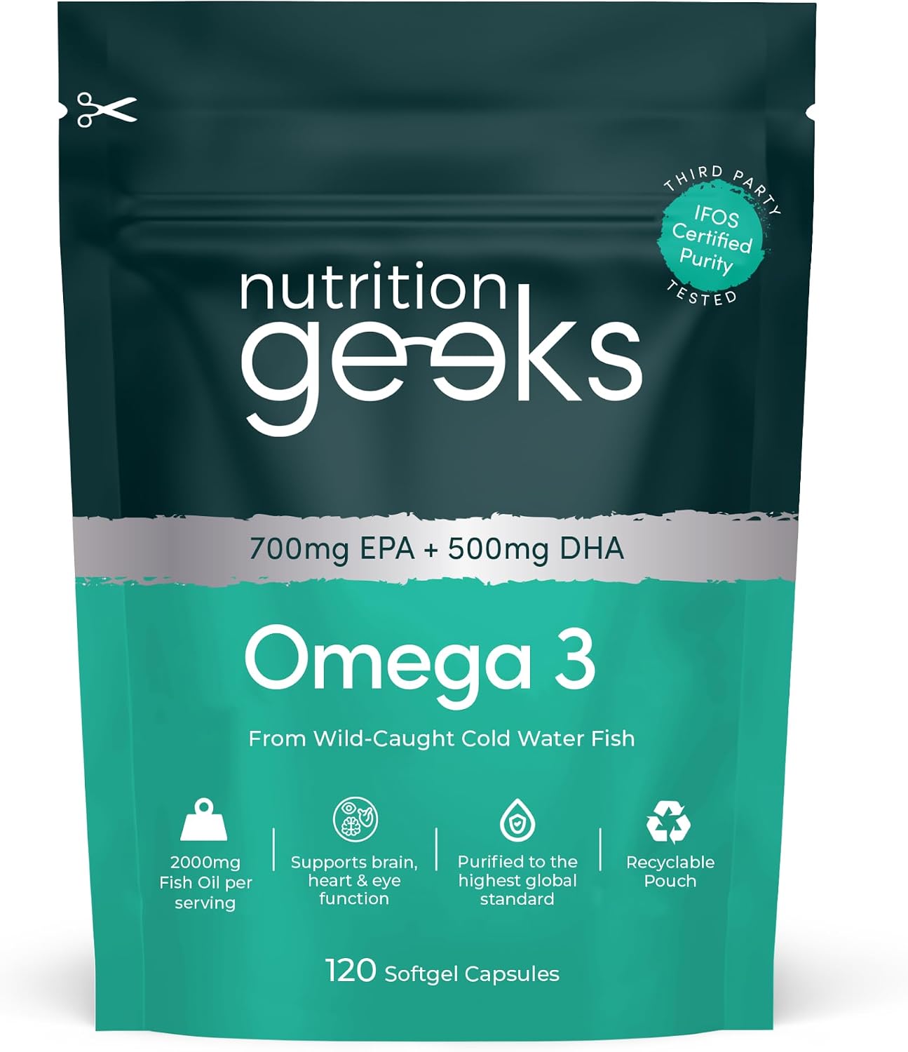 Detalle de Nutrition Geeks Omega 3 Capsules High Strength 2000mg Fish Oil – IFOS Purity