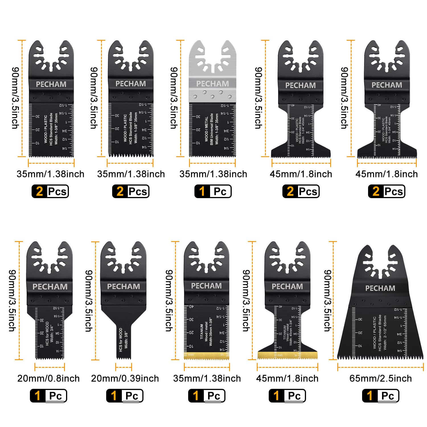 Detalle 1 de PECHAM Tools-001 104-Piece Oscillating Multi-Tool Blade Set with Titanium-Coated Teeth