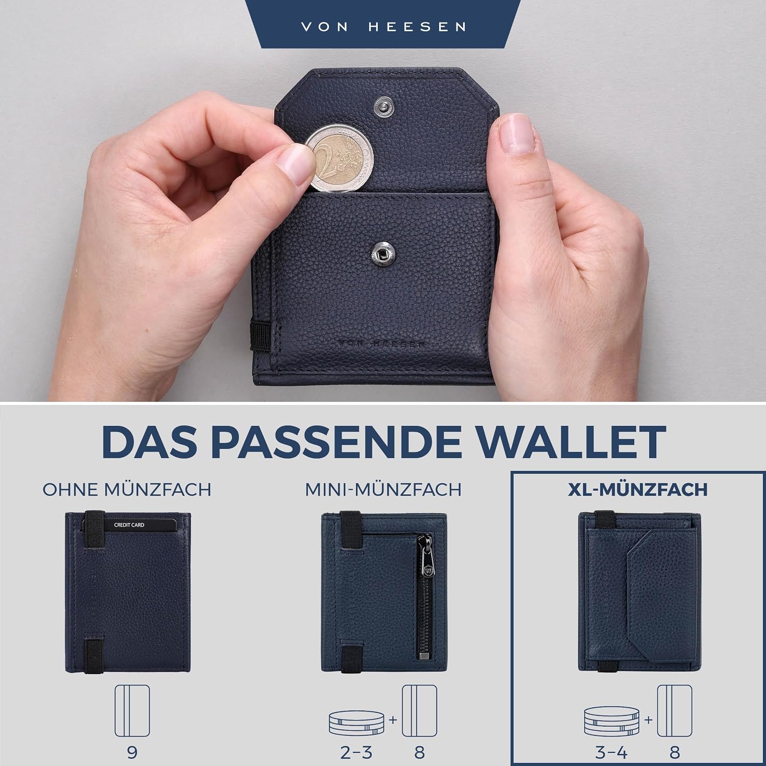 Thumbnail 5 de VON HEESEN Slim Wallet mit XL-Münzfach & RFID-Schutz – blaue Leder-Geldbörse für Karten