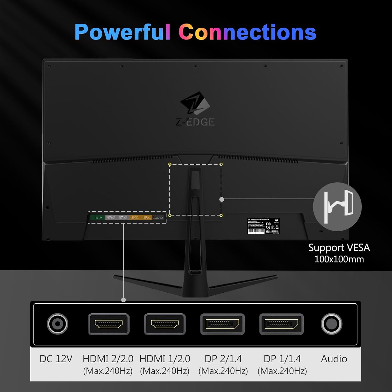 Detalle 2 de Z-Edge 27 Inch Gaming Monitor (240Hz, 1ms, Full HD, IPS) with FreeSync, HDMI & DisplayPort, VESA — Black
