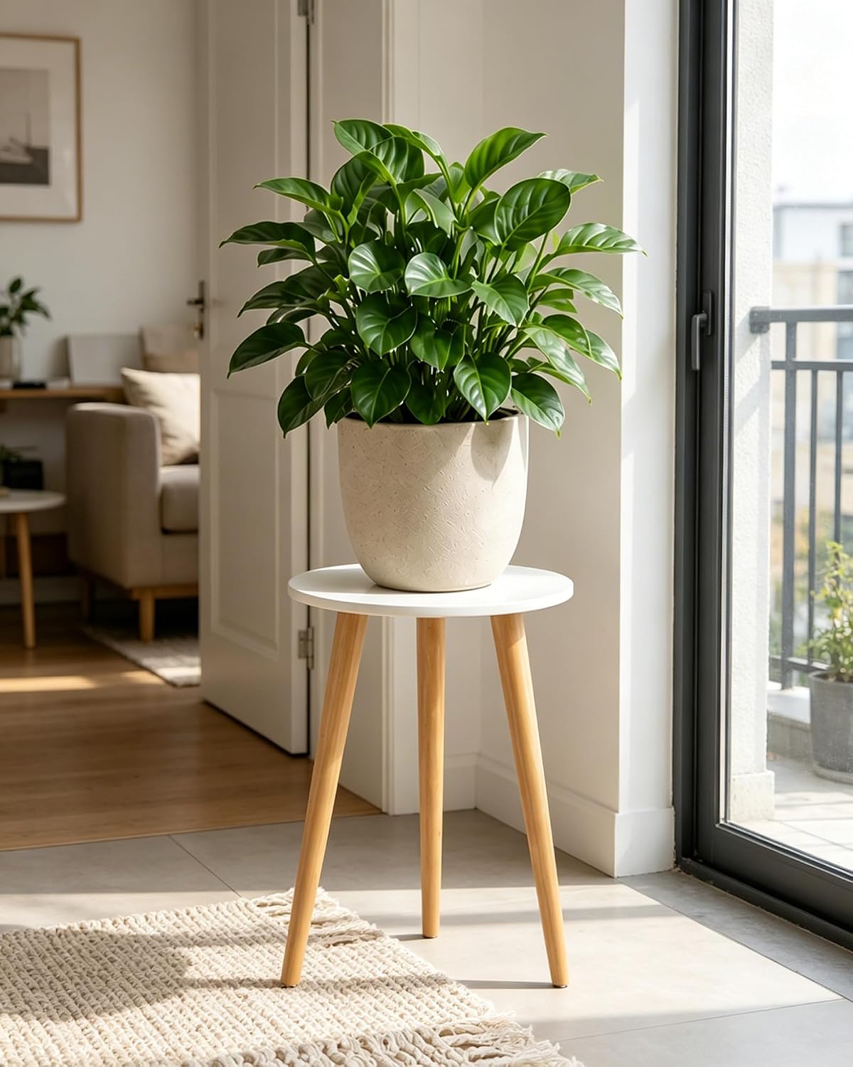 Detalle de Bamworld Supporto per piante alto da interno rotondo in legno bianco: stile e robustezza per piante e arredamento