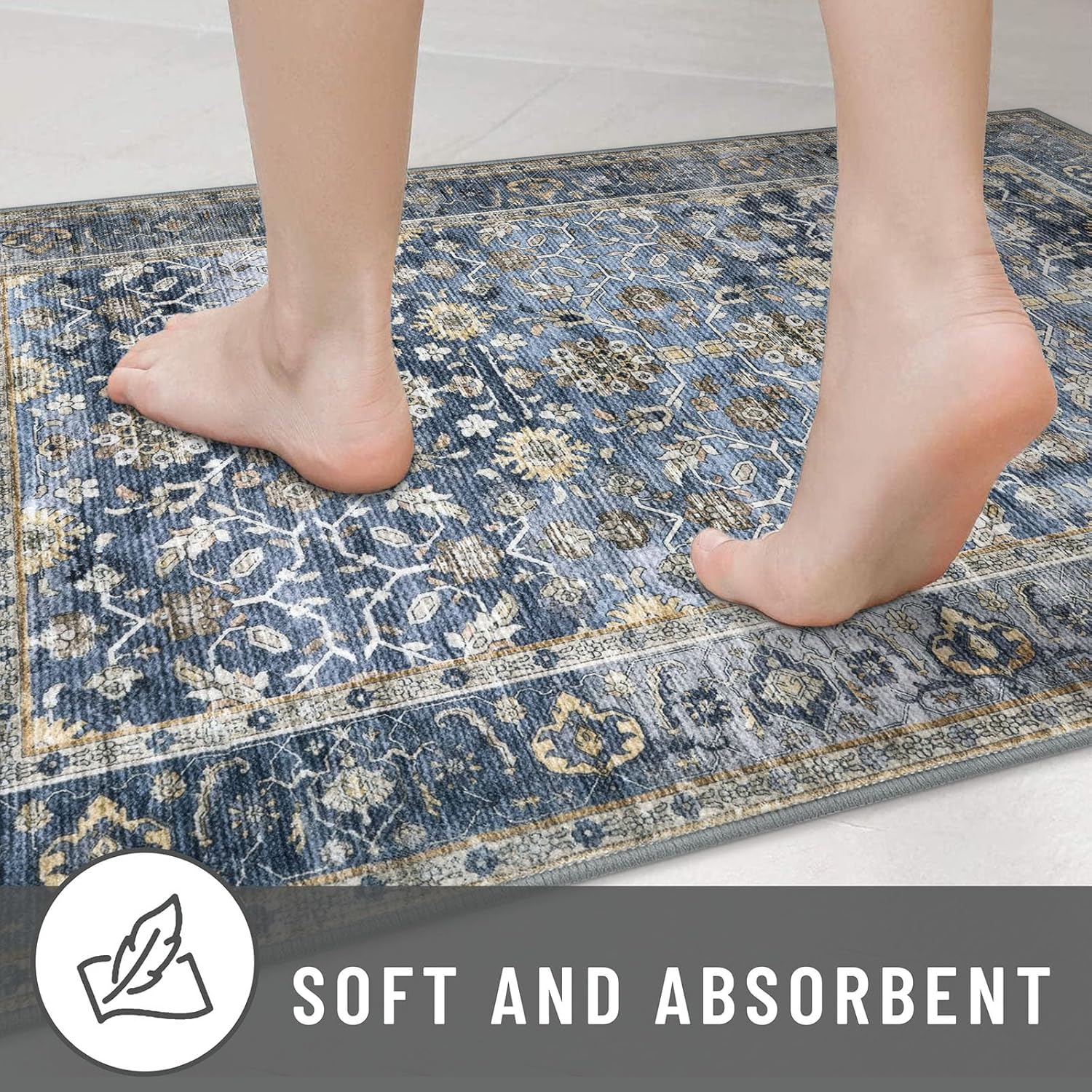 Thumbnail 6 de KUTA Vintage 2x3 Entryway Rug with Floral Print, Blue-Grey-Beige, Non-Slip, Washable