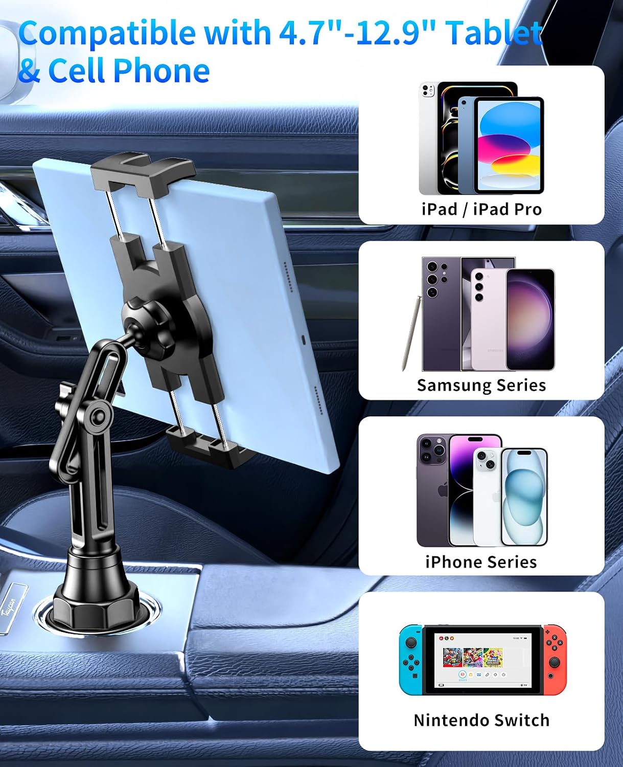 Detalle 1 de ZCSSQZ A081B+X906 Car Cup Holder Mount for 4.7–13-inch Devices