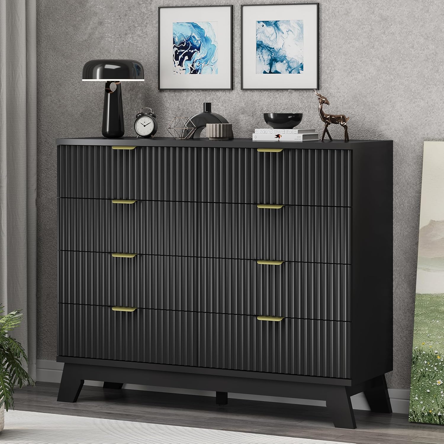 Detalle 2 de Xixini HLG049-BK 8-Drawer Fluted Dresser, Black, 47.2-Inch Wide