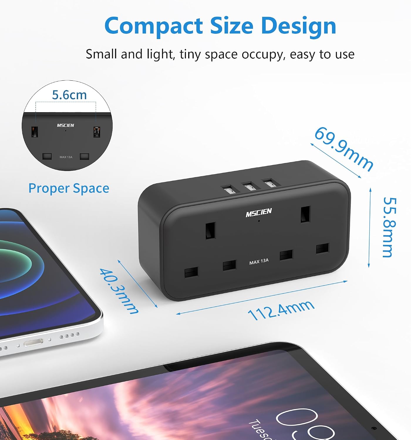 Detalle 2 de Double Plug Adaptor 13A MSCIEN 4 AC Outlets and 3 USB Wall Extension (Black)