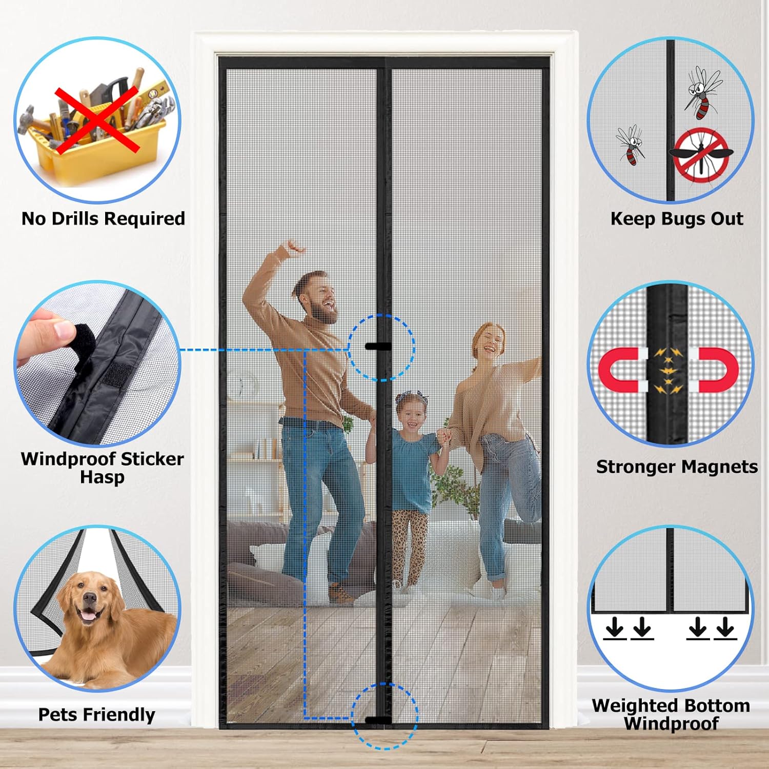 Detalle 2 de Moustiquaire Magnétique pour Porte 90x230 cm — Maille Fibre de Verre Haute Densité, Fermeture Automatique, Sans Perçage
