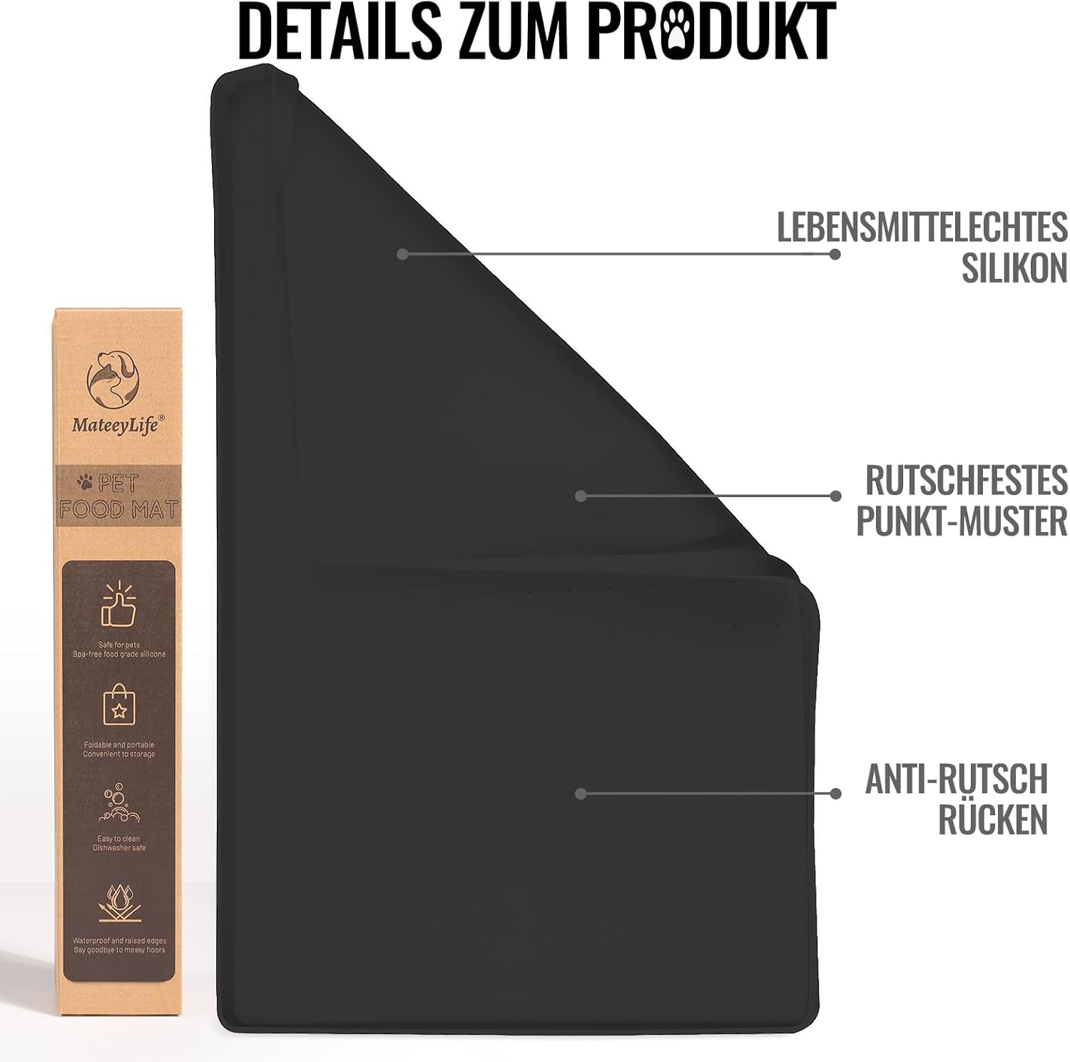 Thumbnail 1 de MateeyLife Silikon-Napfunterlage für Katzen & Hunde (56x36 cm), rutschfest und wasserdicht – schwarz