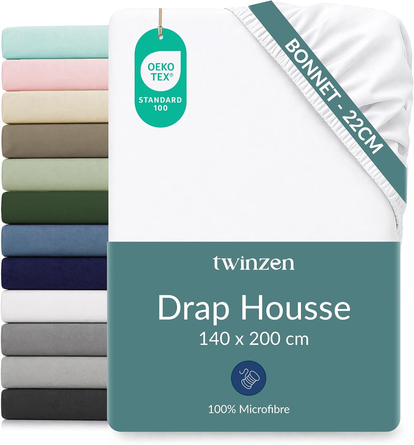 Detalle de Drap housse Twinzen 140x190/200 cm avec bonnet 25 cm – 100% polyester, blanc, Oeko-Tex
