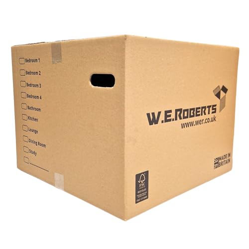 W.E. Roberts 10 Strong Extra Large Cardboard Moving Boxes (52cm x 52cm x 40cm) with Printed Room List and Carry Handles