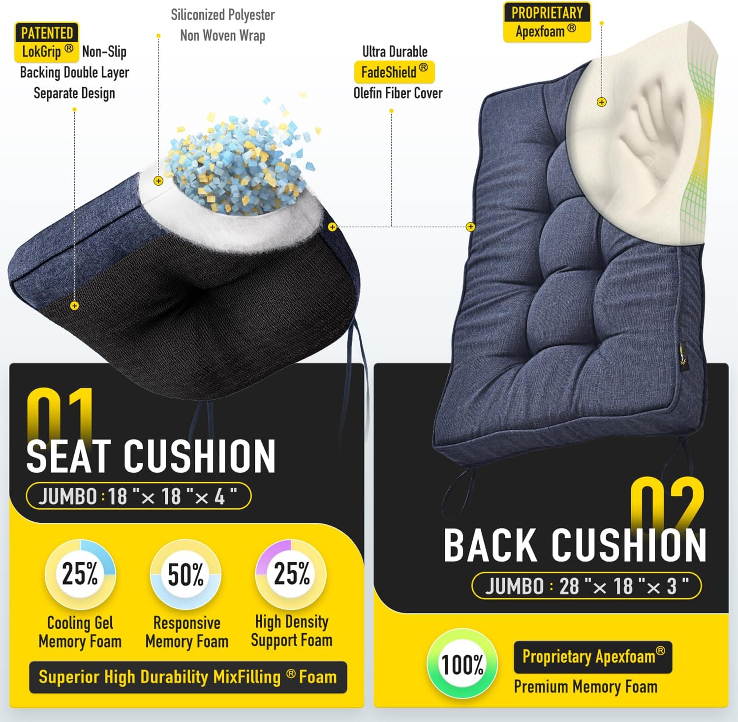 Thumbnail 1 de SUNROX Memory Foam Jumbo Rocking Chair Cushions: Plush Support for Indoor & Outdoor Rockers