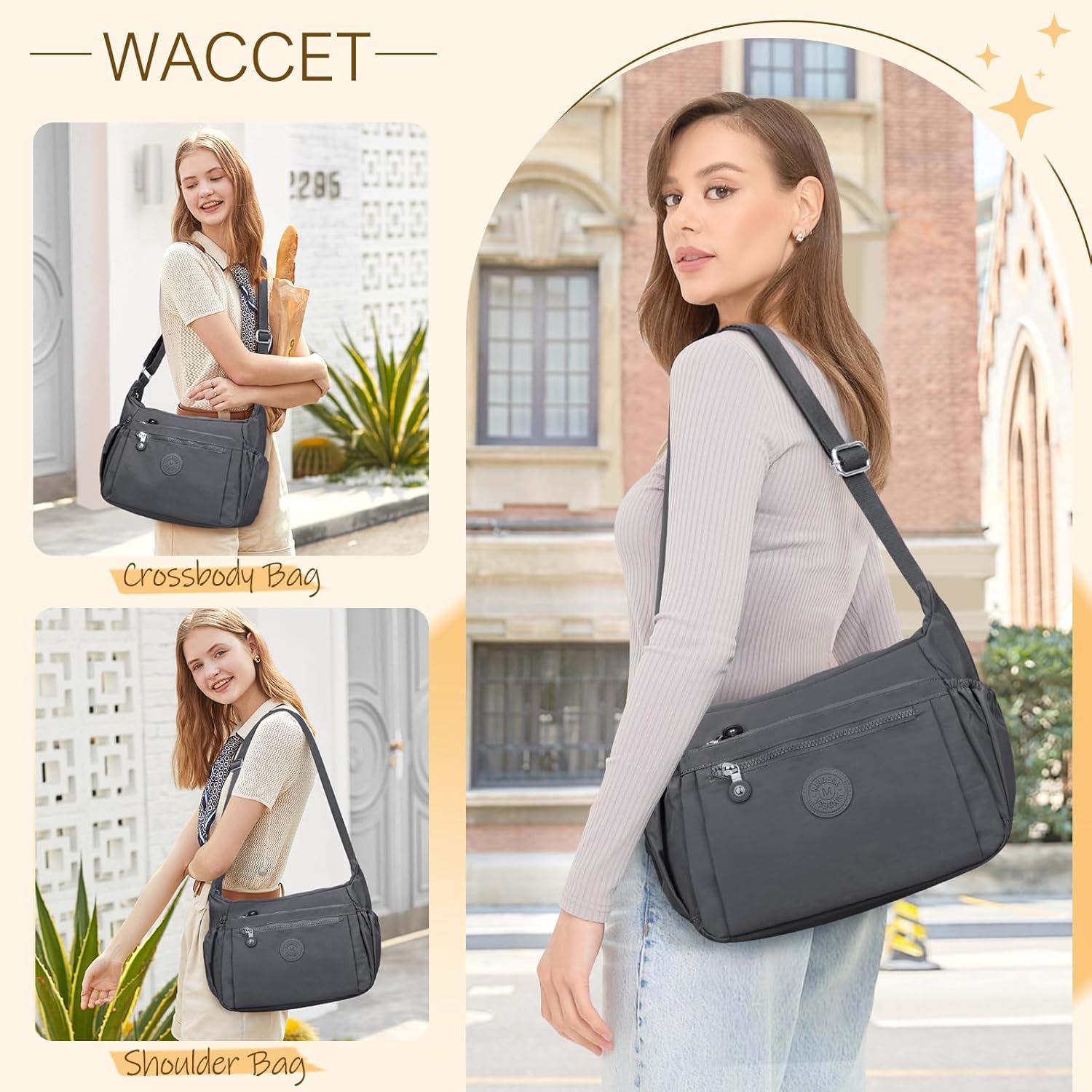 Thumbnail 1 de WACCET große Umhängetasche für Damen – wasserdichtes Nylon, 9 Fächer & verstellbarer breiter Schultergurt