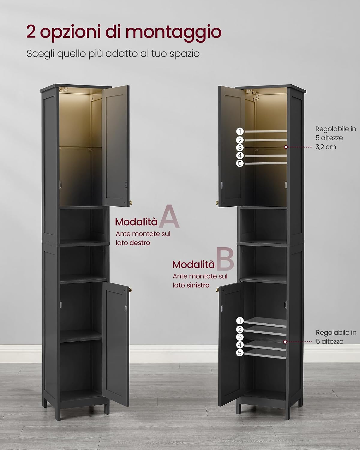 Thumbnail 4 de VASAGLE Mobile da bagno a colonna con luce BBK566BC01, nero inchiostro, 30 cm