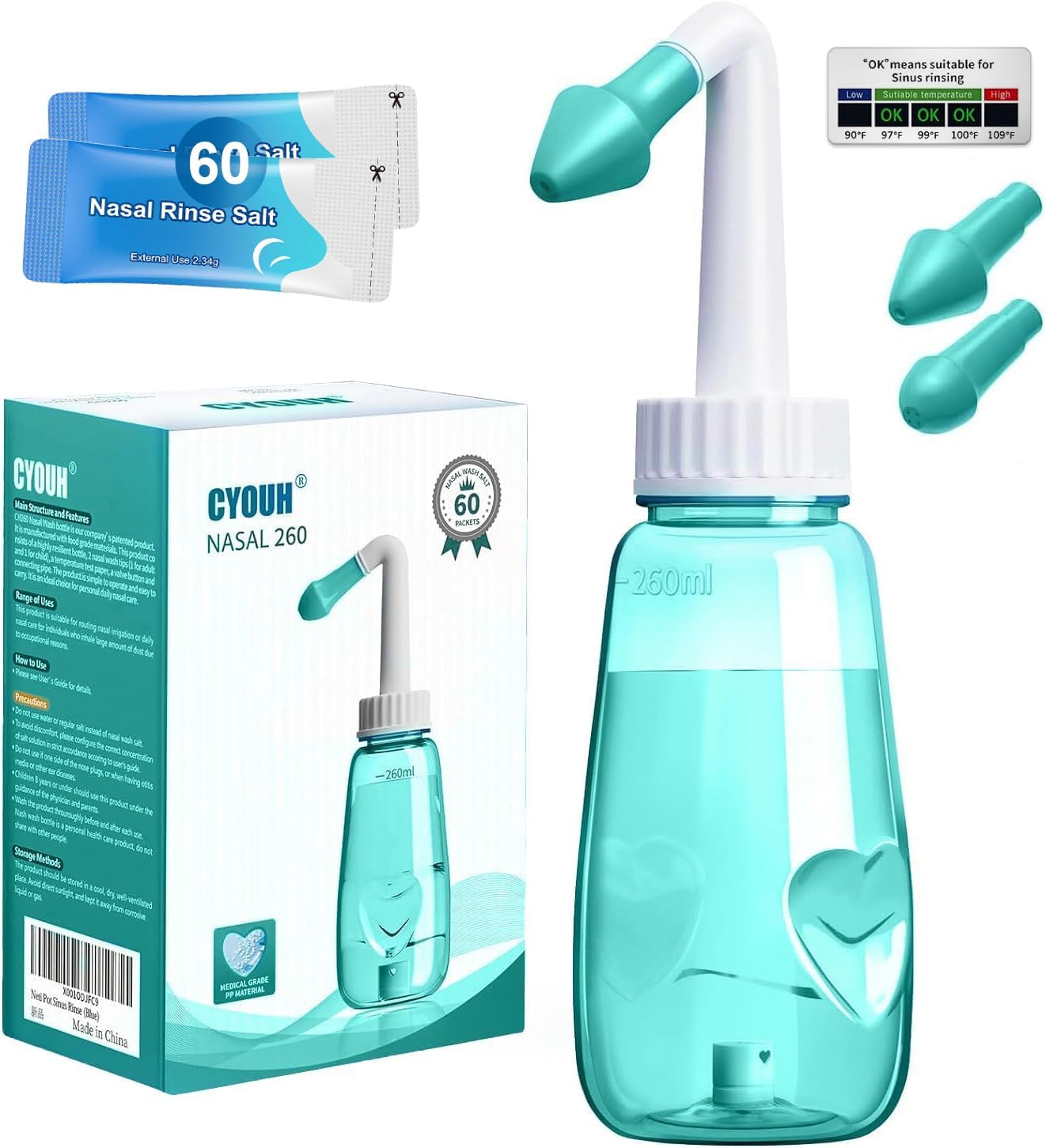 Detalle de CYOUR Nasendusche Set 260 ml – inkl. 60 Nasenwasch-Salzpaketen und Aufkleberthermometer (grün) für eine sanfte Nasenspülung