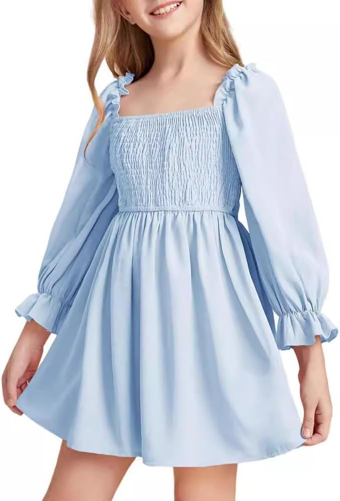Thumbnail 6 de KISLOVE Girls Puff Long Sleeve Dress with Square Neck - High Waist A-Line for 4-14 Years