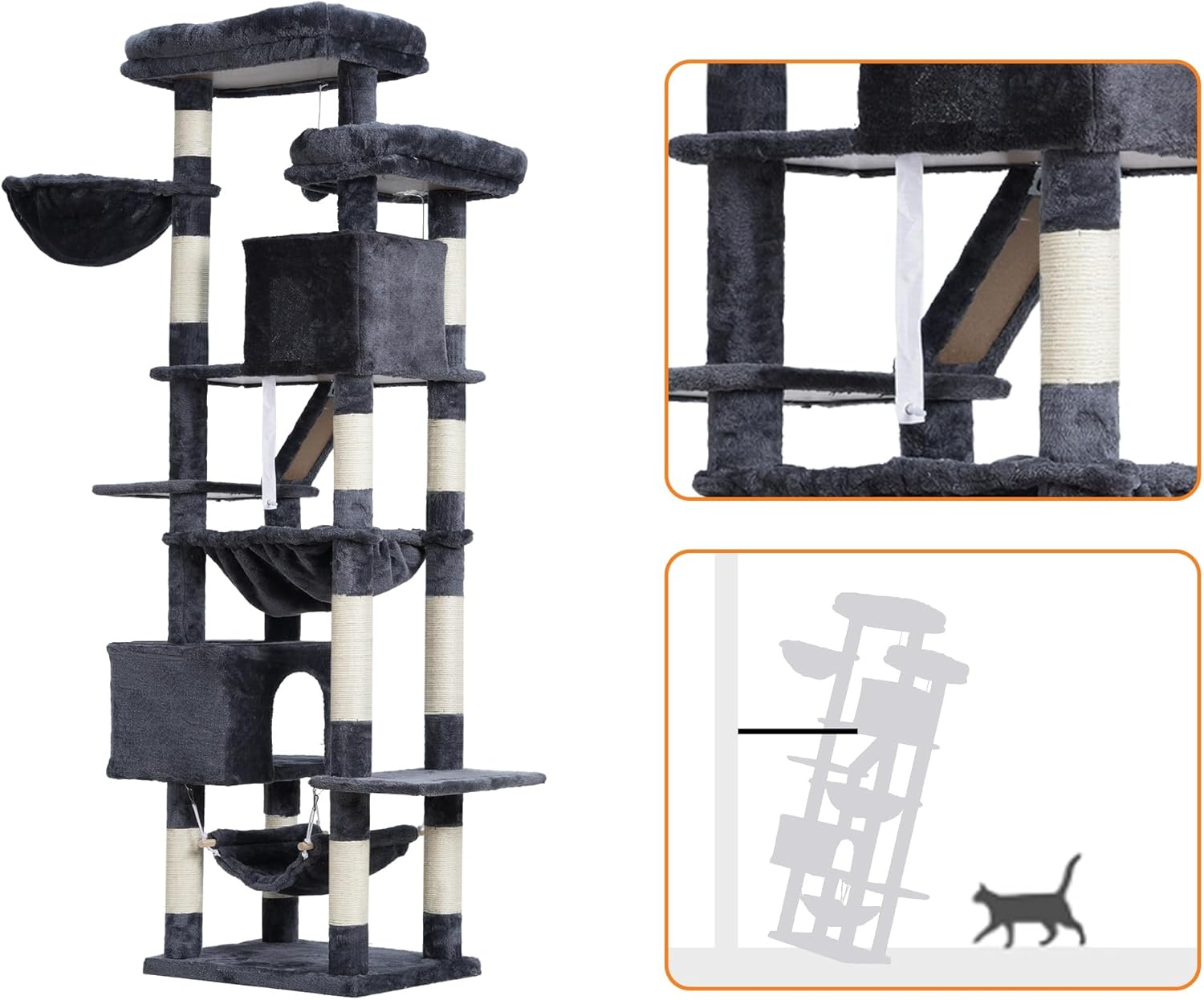 Detalle de Heybly Cat Tree 180 cm Tall Indoor Cat Tower with 2 Perches, 2 Condos and 2 Hammocks